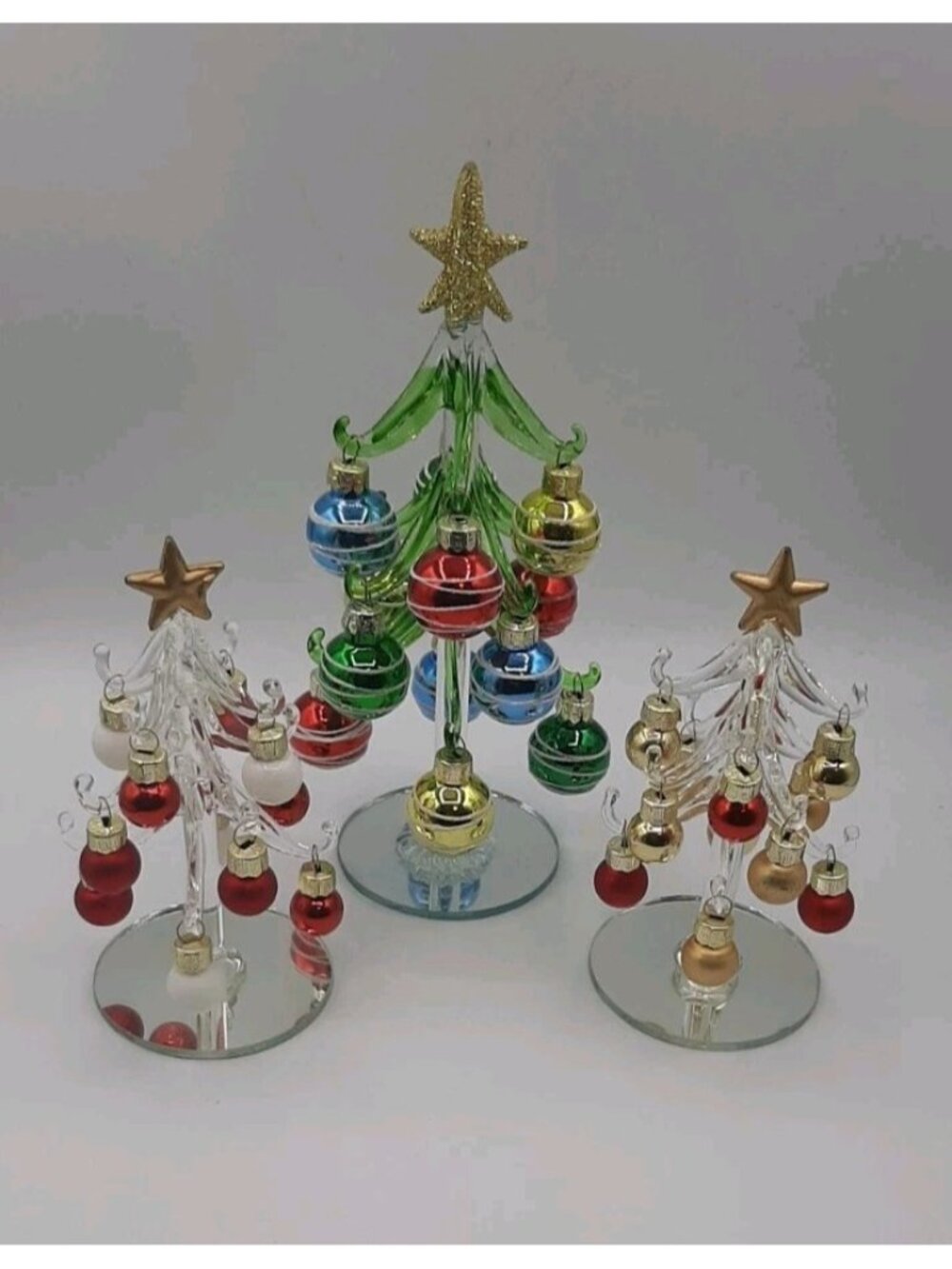 Hand Blown Glass Clear Christmas Tree Glass Mini Ornaments 6" Gold Star Lot of 3